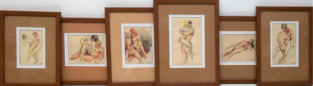 Konvolut von 6 Aquarellen "Erotische Szenen", undeutl monogr. u.r. und dat. ´46, je 11x7,5 cm, im P