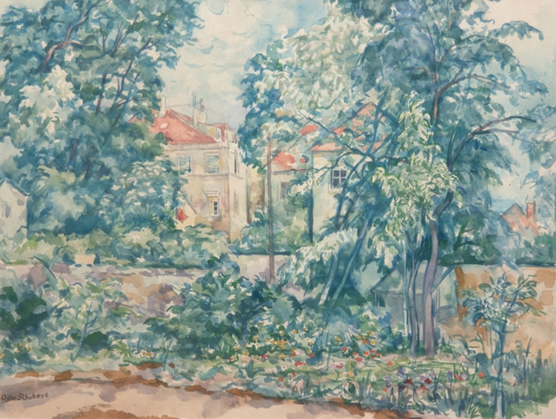 Schubert, Otto (1892-1970 Dresden) "Baumbestandene Häuserzeile", Aquarell, sign. u.l., 44x58 cm, h