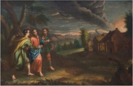 Altmeister 17./18. Jh., "Biblische Szene mit drei Wanderern am Dorfrand", Öl/Lw. doubliert, unsigni