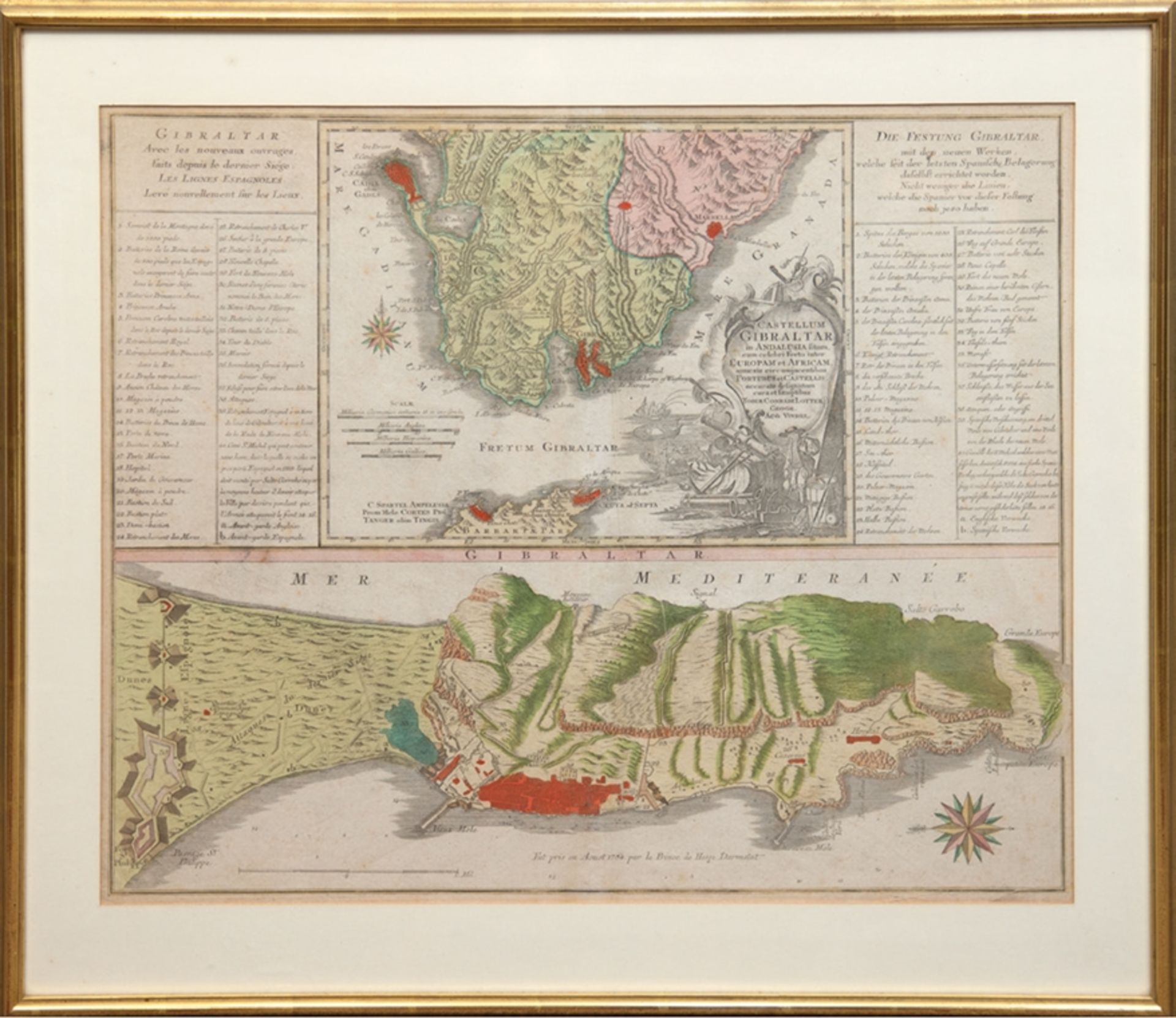 Karte "Die Festung Gibraltar", Kupferstich, zeigt das Gebiet von Gibraltar in Spanien, die von Cadi
