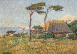 Fiedler, Kurt (1878-1950, deutscher impressionistischer Maler) "Sommerlandschaft mit reetgedeckter 