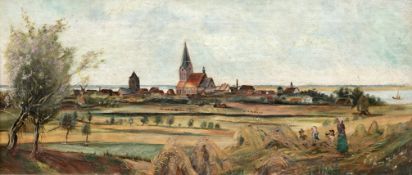Maler des 19. Jh. "Erntezeit auf Rügen", Öl/ Lw., unsign.,  22x50 cm, Rahmen