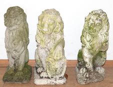 3 Löwen-Figuren, Steinguß, 1x am Fuß def. , Gebrauchspuren, H. 39 cm und 40 cm