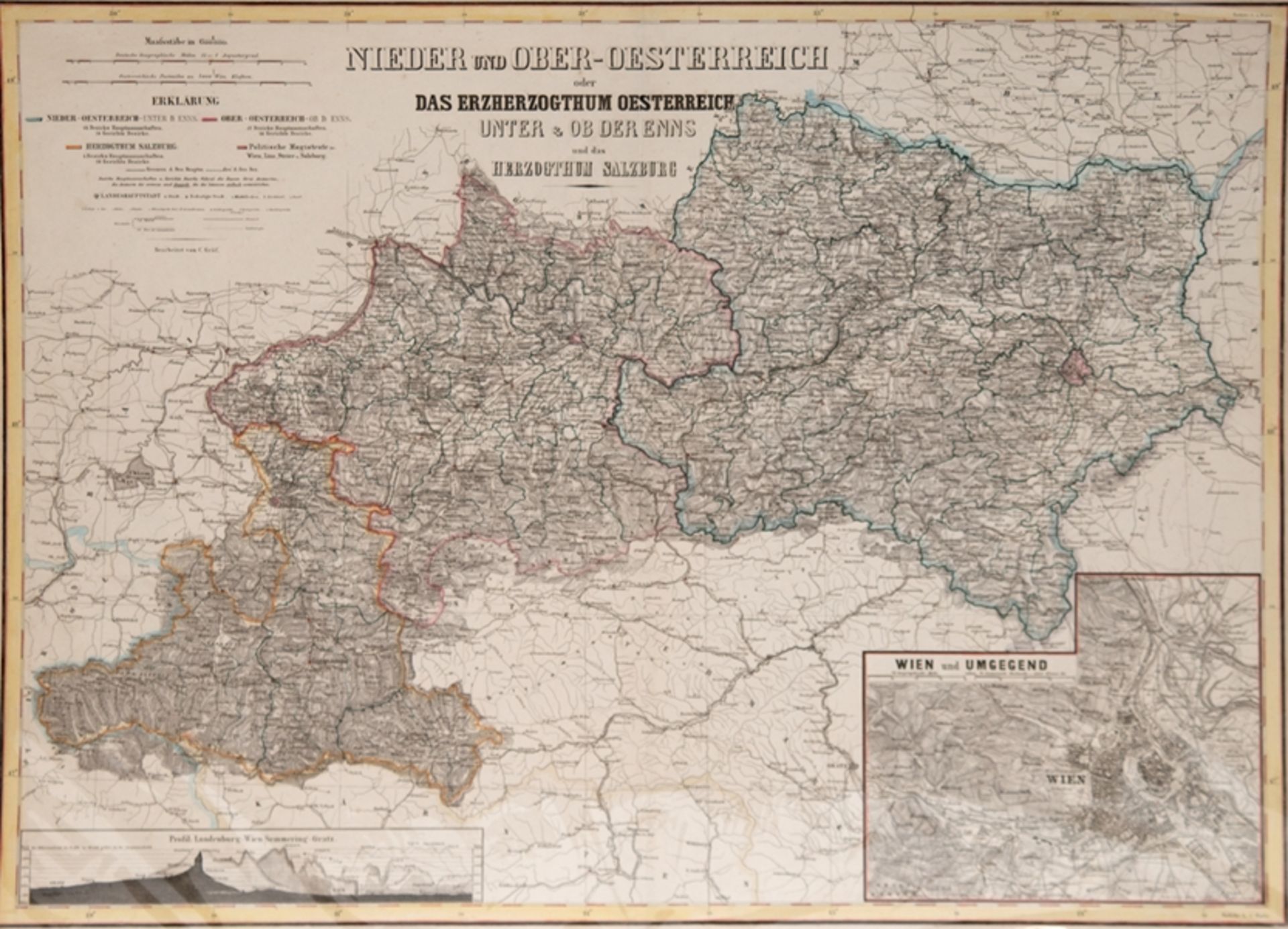 Karte "Nieder- und Oberösterreich und das Herzogtum Salzburg", l.o Erklärung, r.u. "Wien und Umgebu