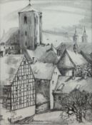 Wied, Ernst (Deutscher Künstler des 20. Jh.) "Häuser und Kirche", Kohlezeichnung, sign. u.l. und un