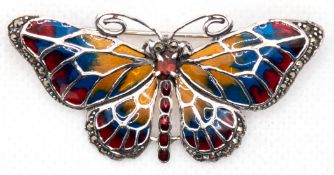 Brosche "Schmetterling",  925er Silber, rot-gelb und blaues Fensteremaille, Granat, Markasiten, Maß