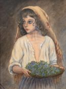 Hossy, Anton "Mädchen mit Blumenkorb", Gouache, sign. und dat. ´54 u.l., 30x22 cm, hinter Glas und 