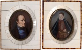 2 Miniaturen mit Herrenporträts, oval im Beinrahmen, ges. 14x12 cm und 13,5x11,3 cm
