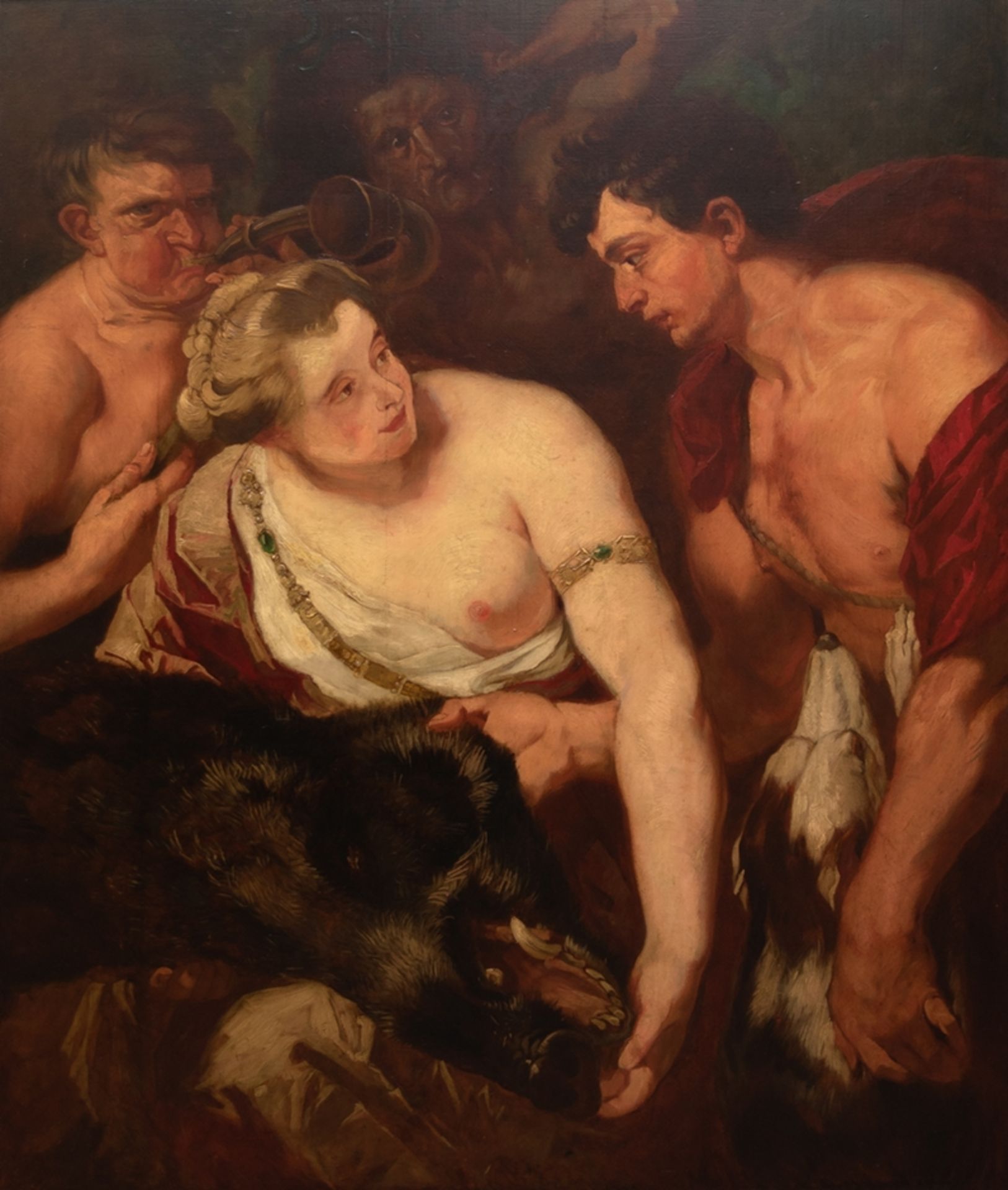 Kopie nach Rubens, 19. Jh. "Atalanta und Meleagro", Öl/ Holz, unsign., 120x96 cm, Rahmen, (da Origi