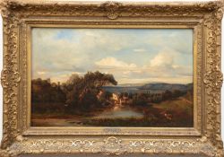 Flers, Camille (1802 Paris-1869 Annet-sur-Marne, Frankreich) "Landschaft mit Gehöft am See", Öl/ Lw
