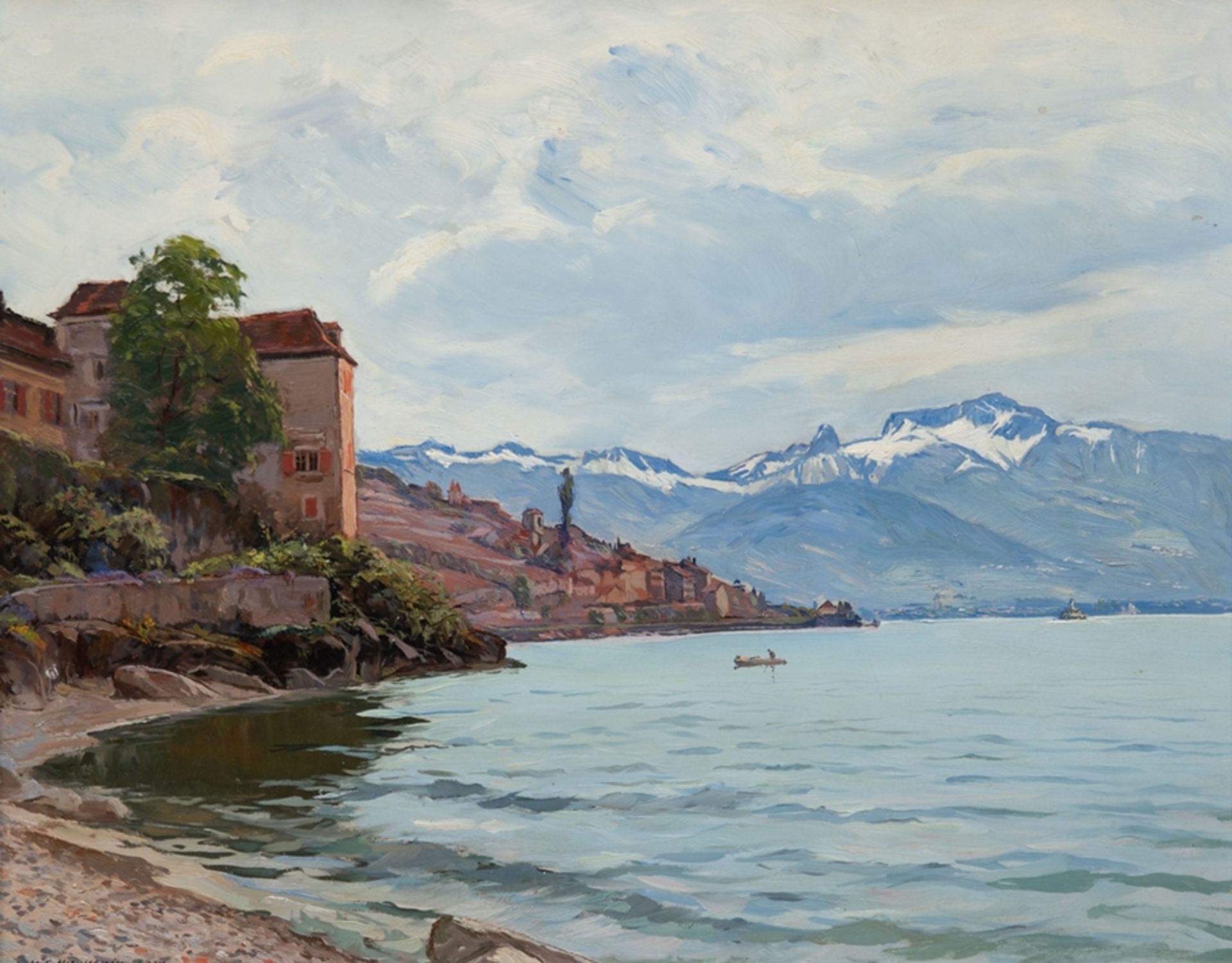 Huguenin-Virchaux, Henri Edouard (1878-1955, Schweizer Künstler) "Frühlingsstimmung am Genfer See",