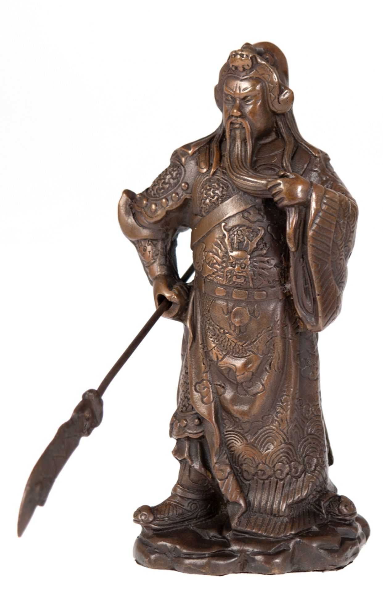 Bronze-Figur "Chinesischer Krieger mit Lanze", Nachguß, braun patiniert, bez. "Milo", H.17 cm