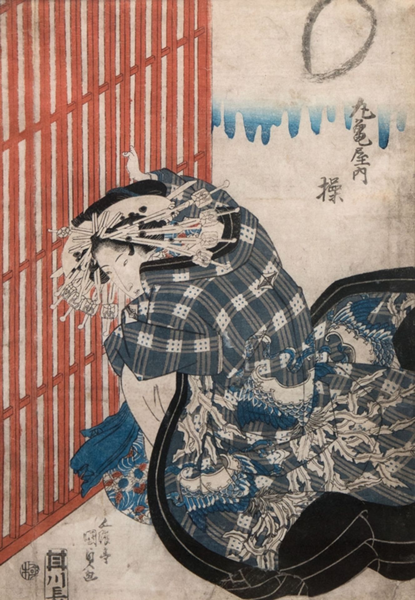 Kunisada (1786-1865) "Die schöne Misao aus dem Schildkröten-Teehaus sieht durch ein Fenster", Holzs