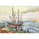 Klatt, Albert (1892 Berlin-1970 ebenda) "Fischerboote am Strand", Aquarell, sign. u.r., 46x59,5 cm,