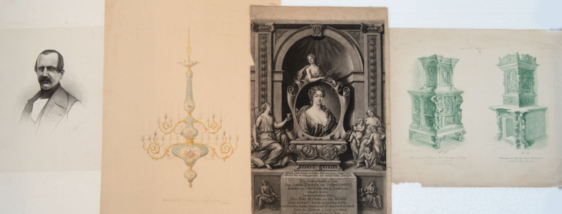 Konvolut Diverses, u.a. Kupferstich "Damenporträt von 1722", "Altdeutsche Kamine", Druck, Entwurfsz