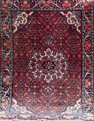 Bidjar, Persien, rot-/ blaugrundig, ornamentales Muster, Fransen gekürzt, 98x154 cm