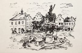 Kampner, E. (Deutscher Lithograph 20. Jh.) "Marktplatz mit Denkmal", Litho., 3/ 90, mit Bleistift s