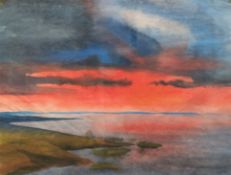 "Sonnenuntergang am Meer", Aquarell, undeutl. sign. u.r. und dat. ´52, 56,5x74 cm, hinter Glas und