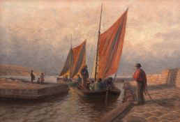 Hansche, Reinhold (1867-1945) "Einfahrt der Fischerboote in einen Hafen auf Bornholm", Öl/Lw., sign