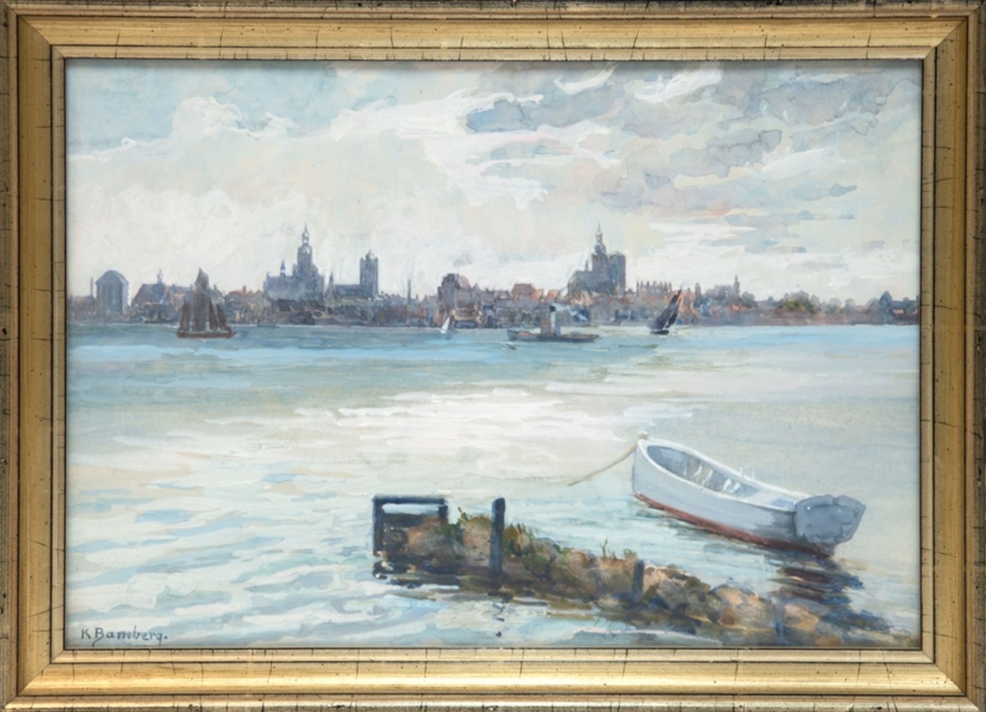 Bamberg, Katharina (1873 Stralsund-1966 ebenda) "Stralsund Ansicht im Winter 1942", Aquarell/ Deckf