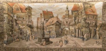Gobelin, hellgrundig, Darstellung einer Straßenszene gerahmt vom Blattdekor, 4 Schlaufen, rückseiti