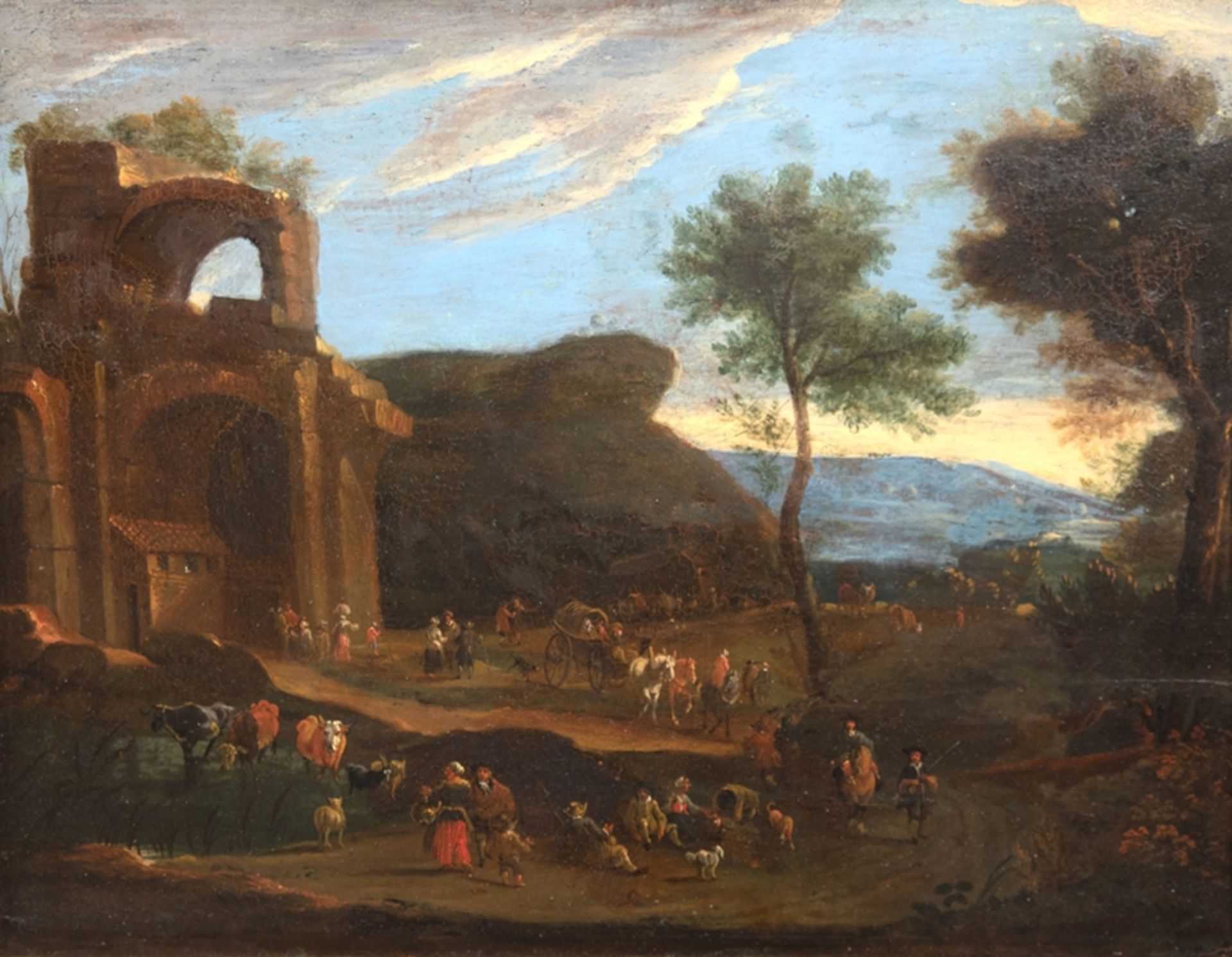 Schoevaerdts, Mathys zugeschrieben "Weite Landschaft mit Ruine mit zahlreichen Personen, Tieren und