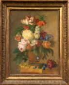Maler Anfang des 19. Jh. "Üppiger Blumenstrauß in Vase", Öl/ Lw., unsign., doubliert, 36x27 cm, Rah