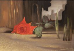 Klewe, Eva (geb. 1934 Rathenow ) "Stilleben - una rosa roja 1980" (eine rote Rose), Öl/Lw., sign. u