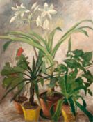 "Stilleben mit Zimmerpflanzen", Öl/Hartfaser, undeutl. sign. u.r., 120x89 cm, ungerahmt