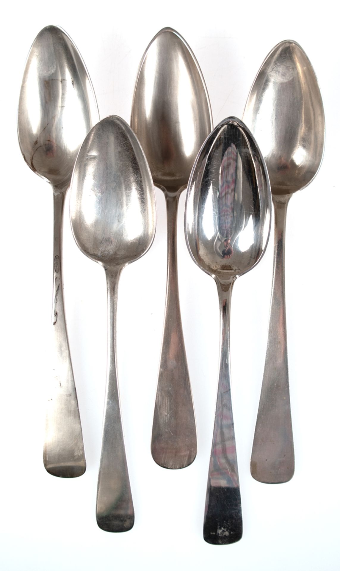5 Eßlöffel, 19. Jh., Silber, 2x rücks. Gravur, ges. ca. 236 g, L. 23 cm