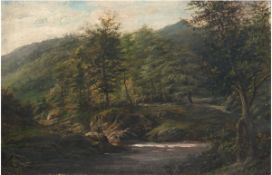Maler (England 19. Jh.) "Waldidyll mit Bachlauf", Öl/Mahagoni-Paneel, unsigniert, 53 x38 cm, Rahmen