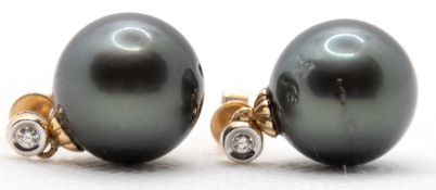 Ohrstecker, 585er GG, mit grauen, echten Tahitiperlen, hochwertige, große Perlen, Dm von ca. 13 mm,