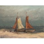 Stöver, Paula (1918 Bremen-1982 Worpswede) "Anlandende Fischerboote an der Ostsee", Öl/ Hartfaser,