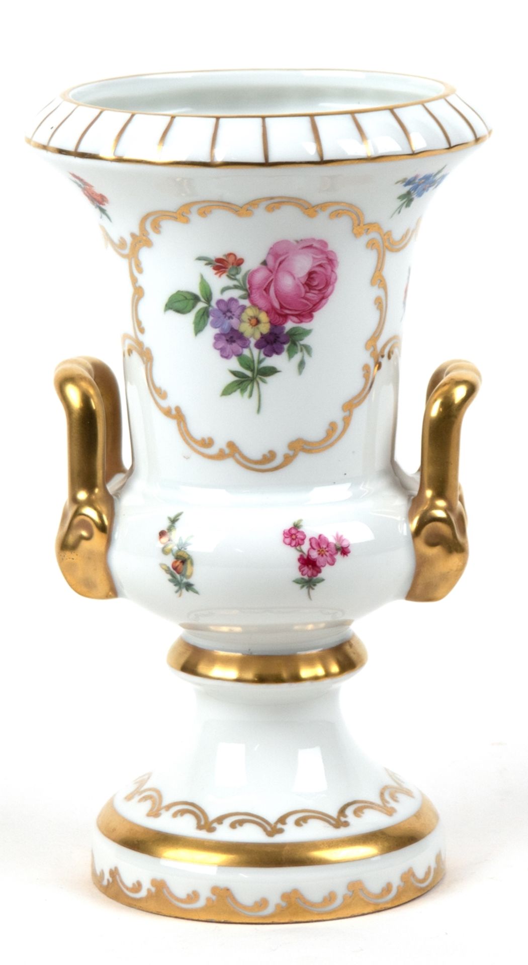 Pokal-Vase, Gerold Porzellan, Blumendekor und Goldstaffage, H. 20,5 cm