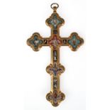Kreuz, Italien 19. Jh., Messing mit feinem Pietra-dura-Mosaik, u.a. florale Motive und Werkzeuge,