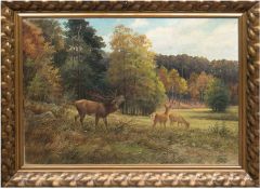 Sörensen, L. (wohl Schweden) "Rotwild auf der Lichtung", Öl/Lw., sign. u.l. , 70x100 cm, Rahmen