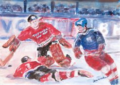 "Eishockey-Spieler", Öl/ Papier, undeutl. sign. u.r., 30x40 cm, im Passepartout hinter Glas und Rah