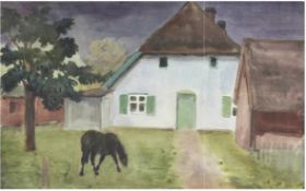 Birnstengel, Richard (1881 Dresden-1968 Dresden) "Pferd vor Bauerngehöft grasend", Aquarell, verso