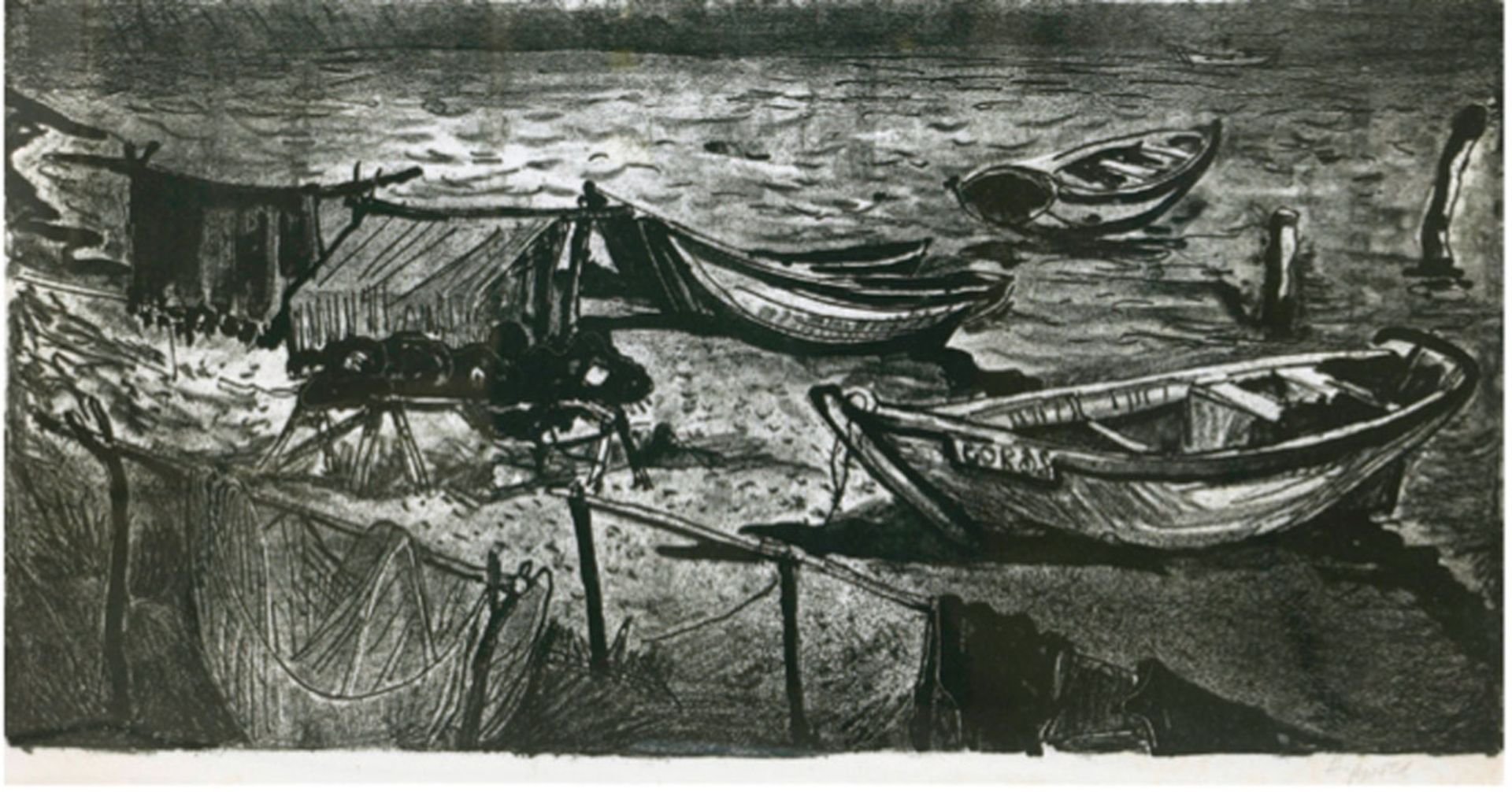 Hippold, Erhard (1909 Wilkau-Haßlau-1972 Gottleuba) "Fischerboote am Strand mit Netzen", Litho, han