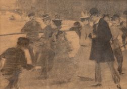 Französischer Maler des 19. Jh. "Elegante Herrschaften beim Eislauf", Kohlezeichnung, unsign., 18x2