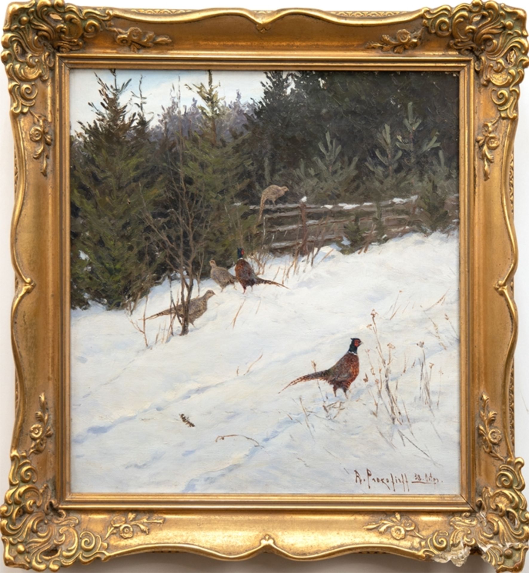 Prokofieff, Dimitri von (1879 Nikolajew, Südukraine-1950 Kevelaer) "Fasane in Winterlandschaft", Öl