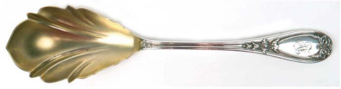 Sahnelöffel, Wilkens, 750er Silber, punziert, ca. 56 g, blattförmige, vergoldete Laffe, floral reli