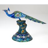 Figur "Pfau auf rundem Podest stehend", Silber, polychrom emailliert (einige kleine Fehlstellen), g