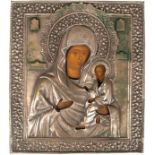 Russische Ikone "Mutter Gottes", mit 84 Zol. Silberoklad, Holztafel mit rückseitiger Stoffabdeckun