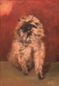"Sitzender Hund vor rotem Hintergrund", Öl/Lw., unsign., 60,5x40,5 cm, Rahmen