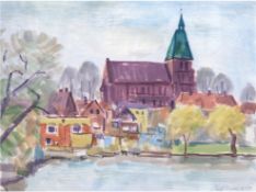 Diener, Rolf (1906 Gößnitz-1988 Hamburg) "Stadtansicht mit Kirche", Aquarell, sign. und dat. `76 u.