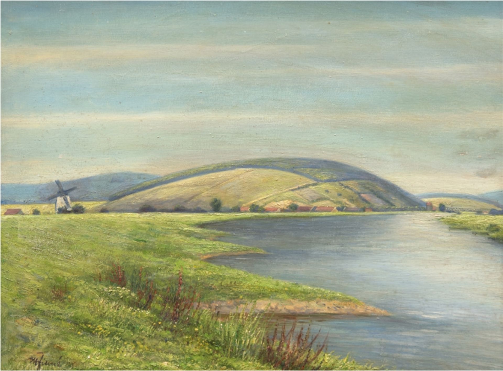 Landschaftsmaler des 20. Jh. "Die Weser bei Tünden", Öl/SH., unleserlich sign. u.l., verso nochmals