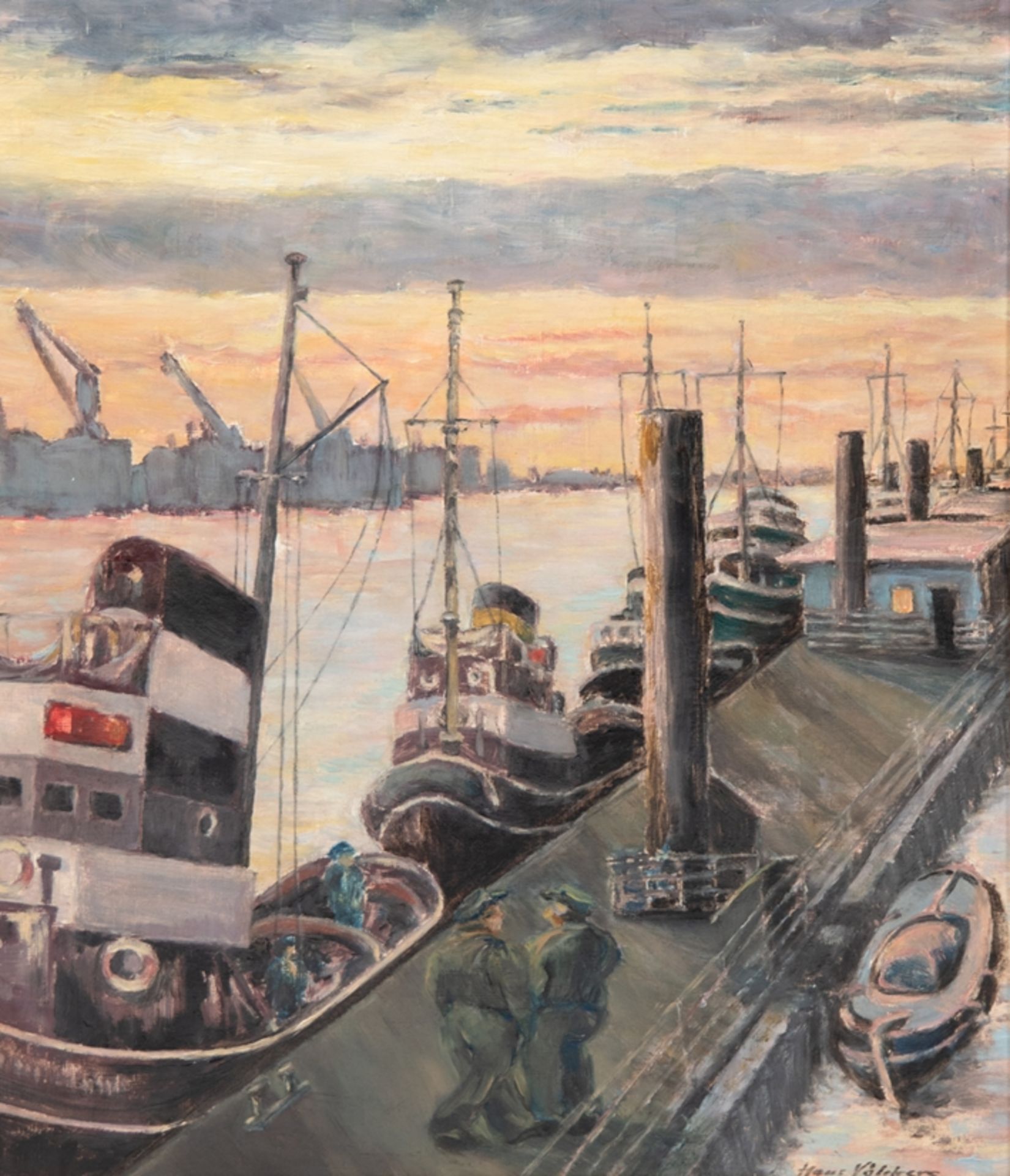 Völkers, Hans H. "Abend im Hamburger Hafen", Öl/ Mp., sign. u.r., rückseitig bez., 50x40 cm, Rahmen