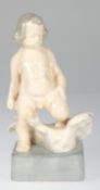 Jugendstil-Figur "Kleiner Junge mit Gans", Keramik, hell glasiert z.T. farbig staffiert, craquellie