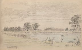 Facklam, Wilhelm (1893 Upahl-1972 Winkelhaid) "Seenlandschaft", Zeichnung, 14x22 cm, hinter Glas un